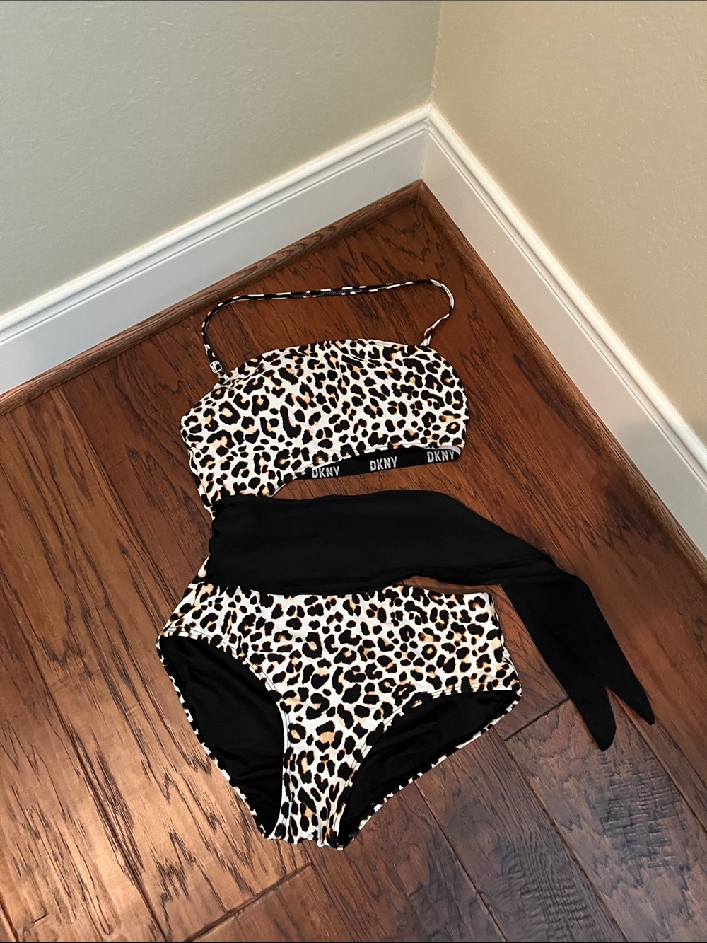 DKNY Leopard Print Bandeau Swim Set with Black Sash
